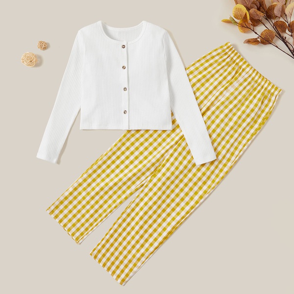 2-piece Stylish Solid Top and Plaid Pants Set