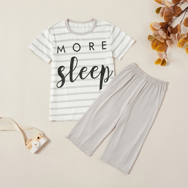 Casual Letter Print Striped Top and Solid Shorts Set