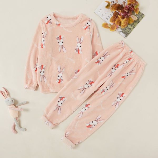 Pretty Rabbit Print Allover Flannel Long-sleeve Sweatshirt and Pants Set