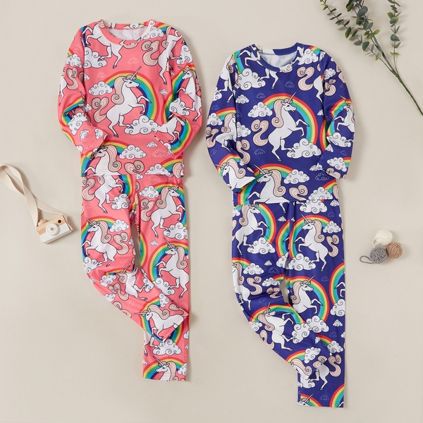 Fashionable Unicorn Rainbow Print Allover Long-sleeve Tee and Pants