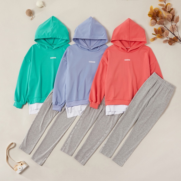 Sporty Solid Faux-two Hooded Sweatshirt and Pants Sets
