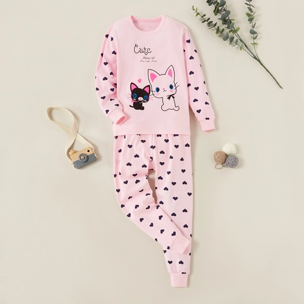 Trendy Love Allover Cute Cat Print Tee and Pants Set
