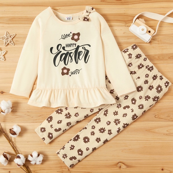 Fashionable Bowknot Letter Flower Print Tee and Allover Pants Set