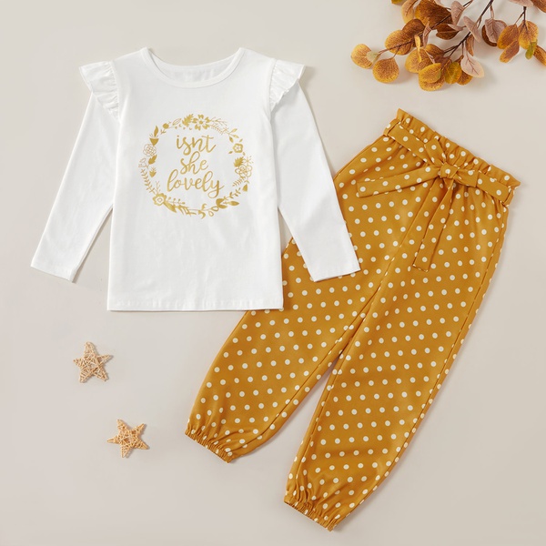 Trendy Letter Print Flare-sleeve Long-sleeve Tee and Polka Dots Bowknot Pants Set