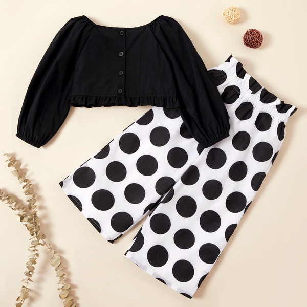 Fashionable Solid Top and Polka Dots Pants Set