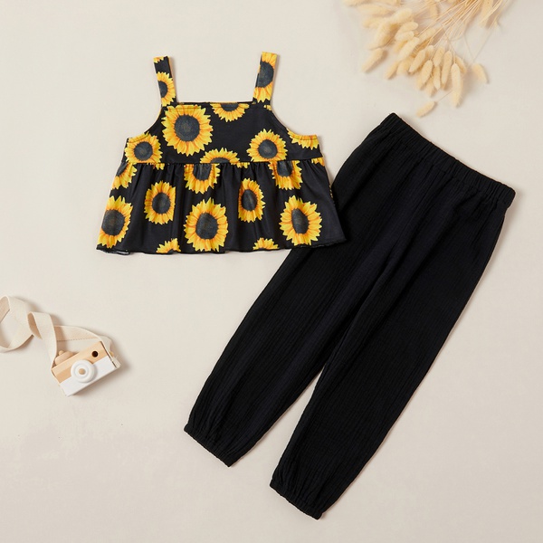 Fashionable Sunflower Allover Top and Solid Pants Set