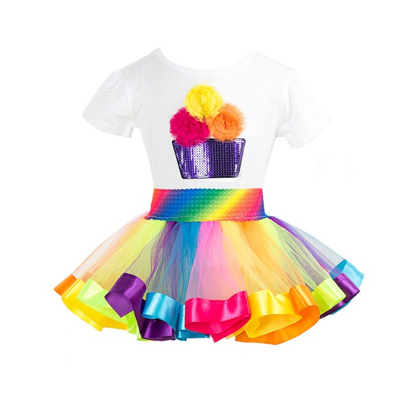 2-piece 3D Floral Decor Birthday Tee and Rainbow Tutu Skirt for Girls