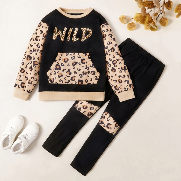 Stylish Letter Leopard Print Front-pocket Sweatshirt and Pants Set