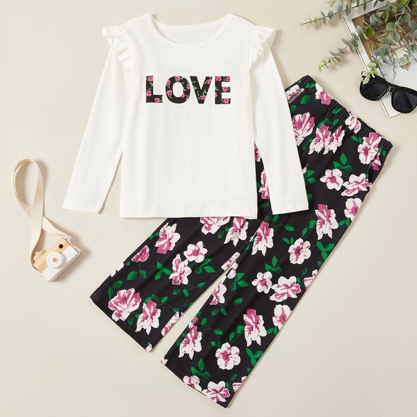 Trendy LOVE Flare-sleeve Long-sleeve Tee and Floral Allover Print Pants Set