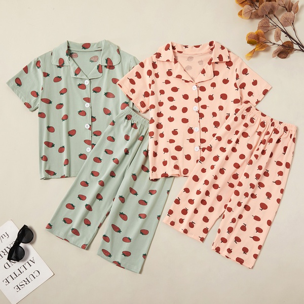 Fashionable Strawberry Print Allover Lapel Collar Tee and Pants Set