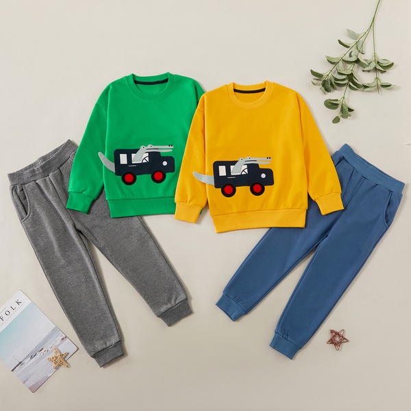 Stylish Sporty 3D Crocodile Car Embroidered Sweatshirt and Solid Pants Sets