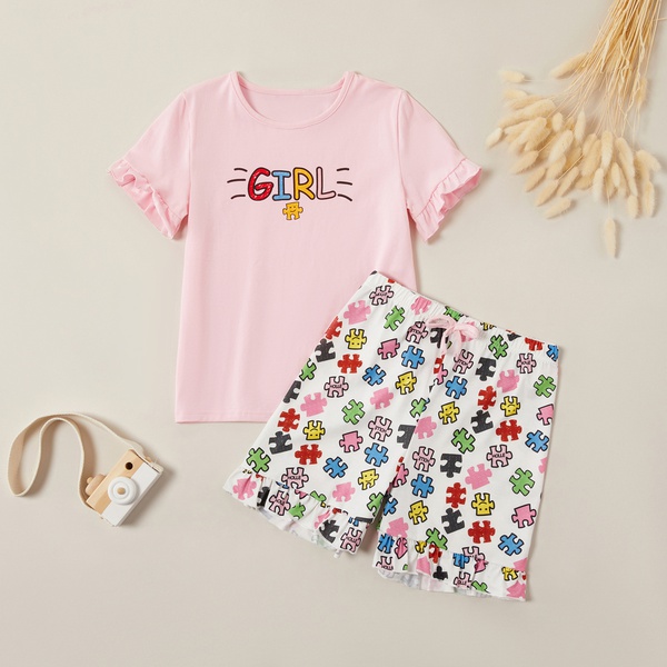 Casual Cartoon Cat Top and Geo Allover Shorts Set