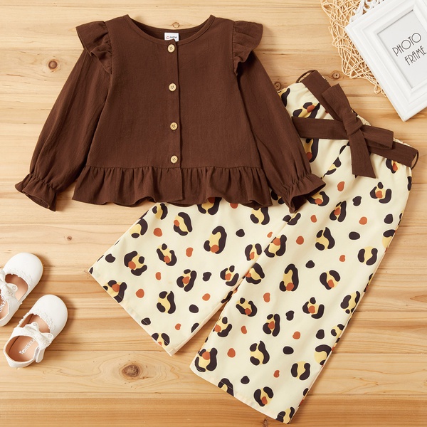 Fashionable Solid Ruffled Cardigan and Leopard Allover Print Bowknot Pants