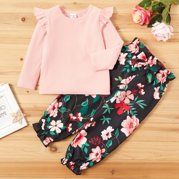 Fashionable Solid Flare-sleeve Top and Floral Allover Print Pants Set