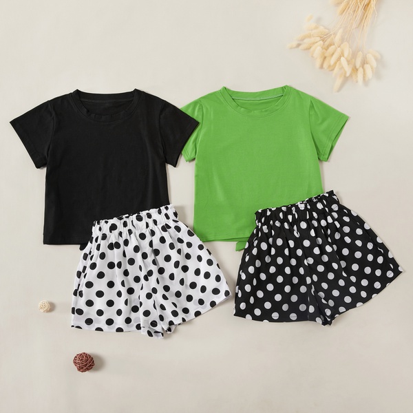 Trendy Solid Tee and Polka Dots Skirt Sets