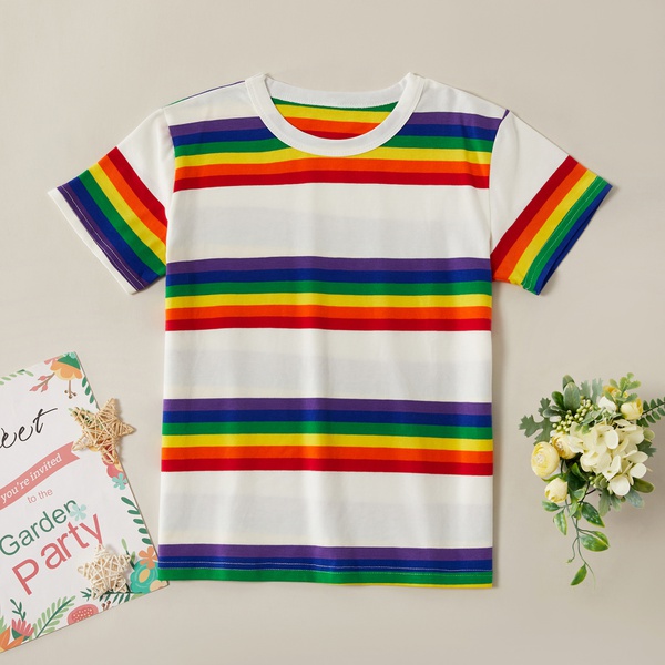 Trendy Rainbow Striped Print Tee