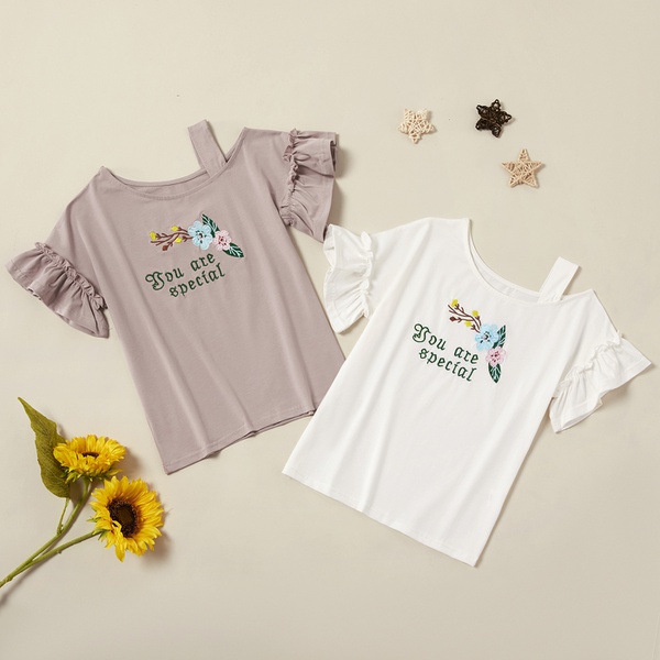 Beautiful Flower Letter Embroidered Flare-sleeve Strappy Tee