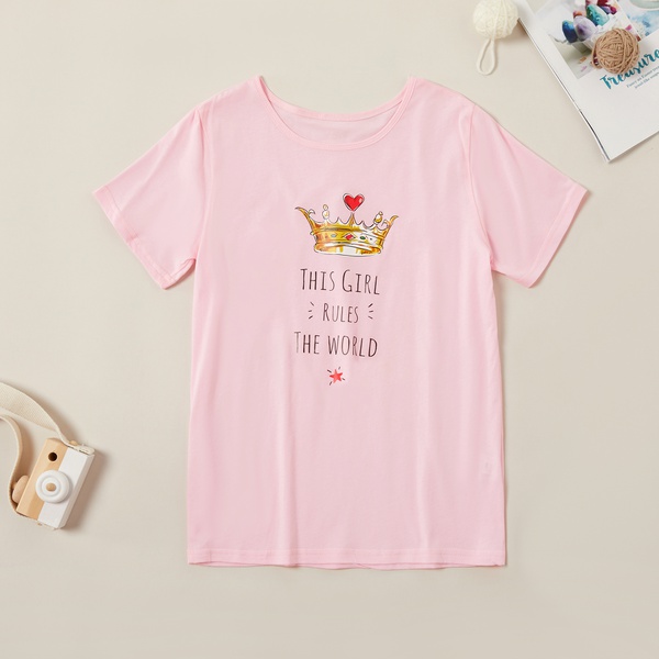 Casual Letter Print Crown Tee for Girl