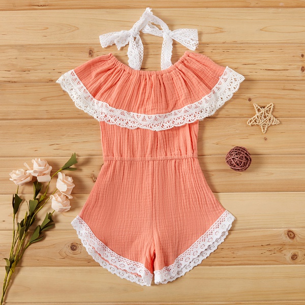 Baby / Toddler Girl Pretty Lace Decor Off Shoulder Solid Jumpsuit