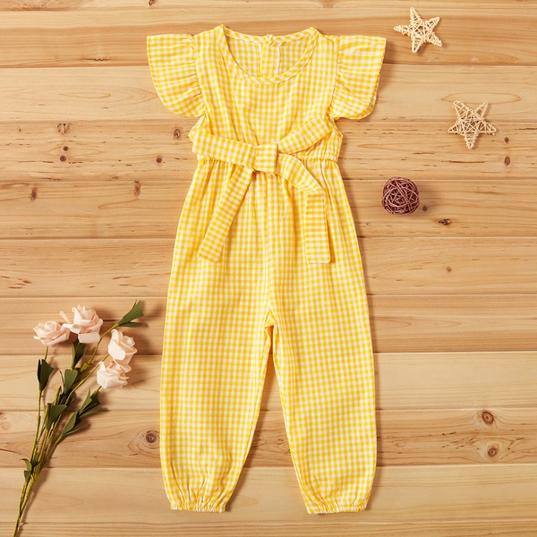 Baby / Toddler Girl Casual Solid Plaid Flutter-sleeve Jumpsuit