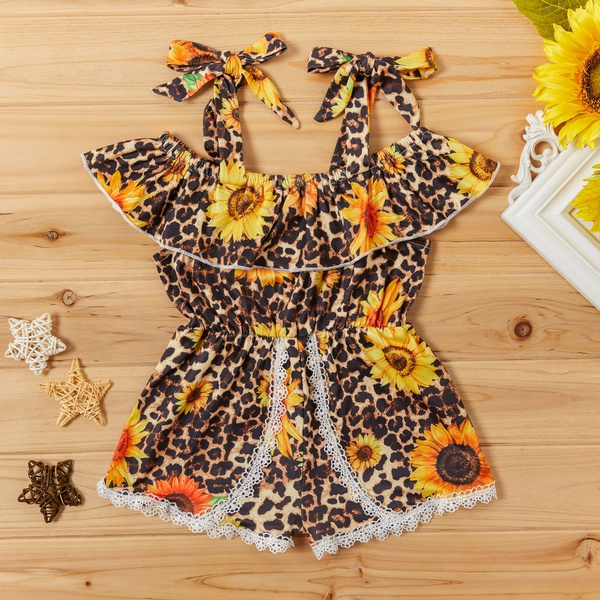 Baby / Toddler Girl Trendy Leopard and Sunflower Print Halter Lace Onesies