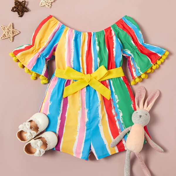 Toddler Girl Colorful Rainbow Bowknot Pompon Decor Off Shoulder Jumpsuit