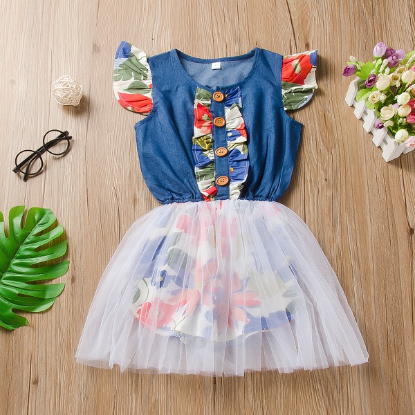Baby / Toddler Girl Pretty Floral Print Flutter-sleeve Tulle Jumpsuit
