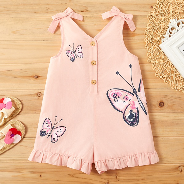 Toddler Girl Bowknot Butterfly Print Flounced Sleeveless Jumpsuit