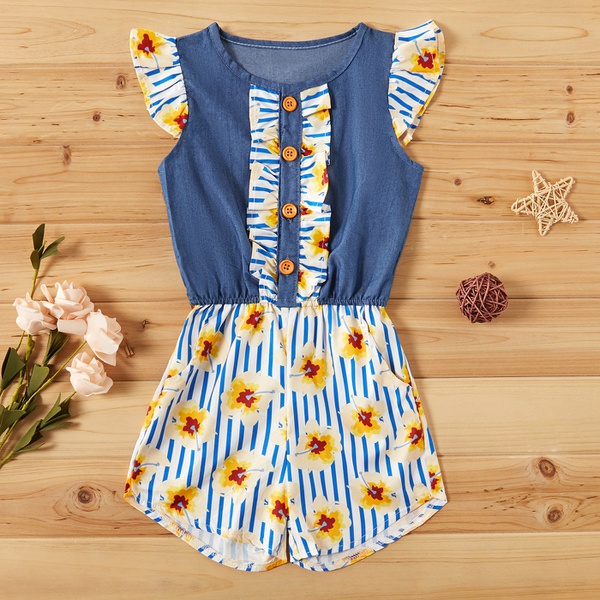Baby / Toddler Girl Pretty Sunflower Print Flutter-sleeve Jumpsuit