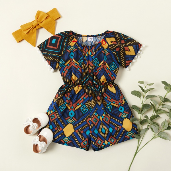2-piece Toddler Girl Stylish Colorblock Geo Print Jumpsuit and Headband Set