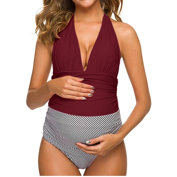 Snappy Striped Halter Maternity One-piece Swimsuit