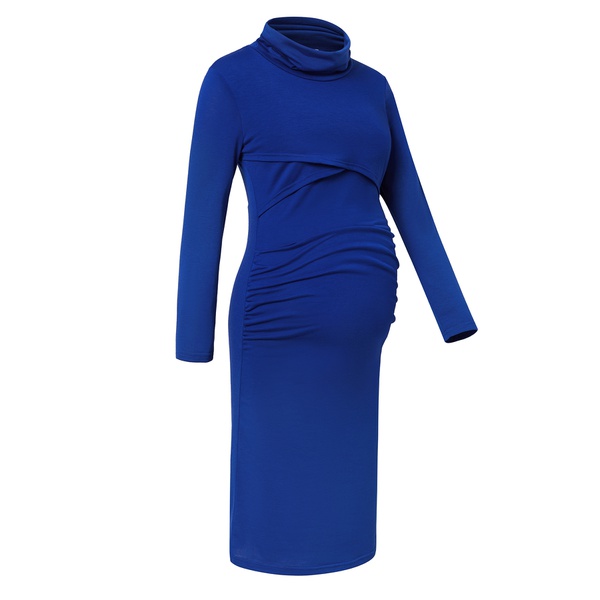 Maternity Pile collar Plain Blue Knee length Slip Long-sleeve Dress