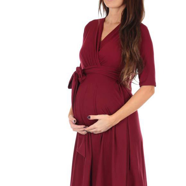 Beautiful Solid V Neckline Maternity Dress