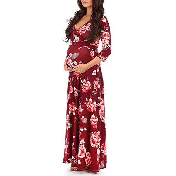 Elegant Floral Print Crop-Sleeve Maternity Maxi Dress