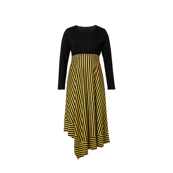 Maternity Round collar Stripes full print Black Midi Irregular skirt Long-sleeve Dress