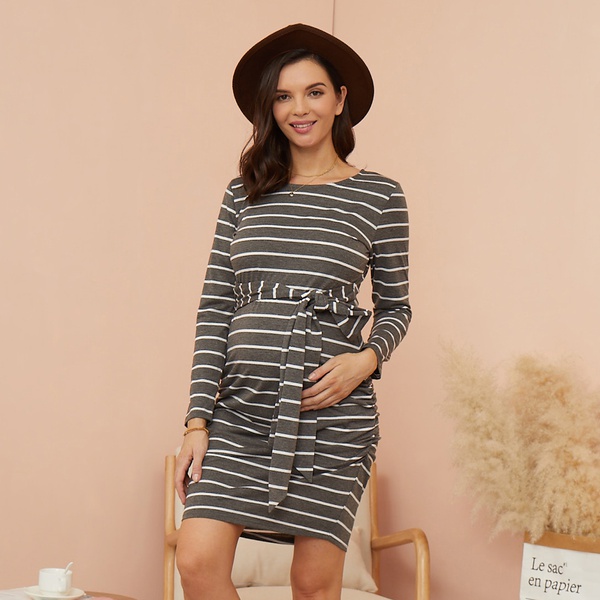 Maternity Round collar Stripes Plain Dark Grey Short H Long-sleeve Dress