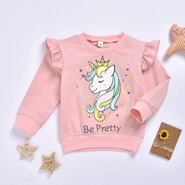 Baby / Toddler Girl Pretty Unicorn Print Flutter-sleeve Pullover