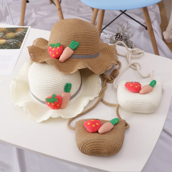 2-piece Summer Strawberry and Carrot Decor Straw Hat with Bag