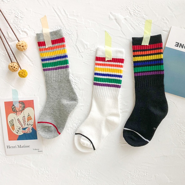 3-pair Colorful Stripe and Polka Dots Knitted Mid Tube Socks