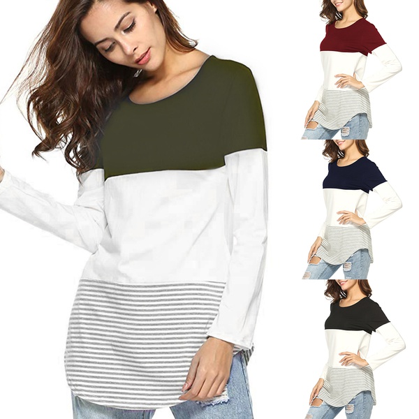 Round collar Color Block Color block long sleeve casual T-shirt