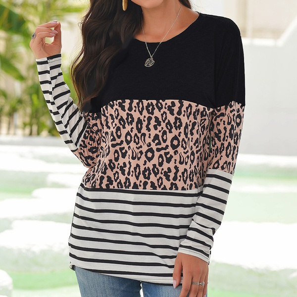 Round collar Stripes Positioning print long sleeve casual T-shirt