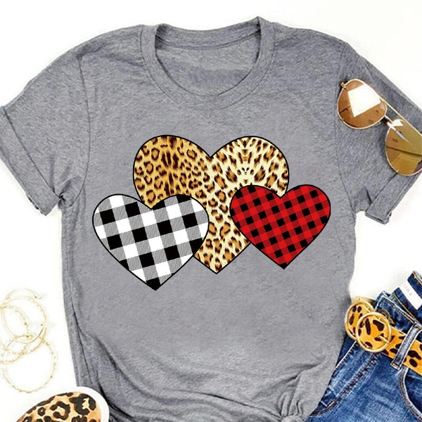 Round collar Heart-shaped Litooffset print Short Sleeve casual T-shirt