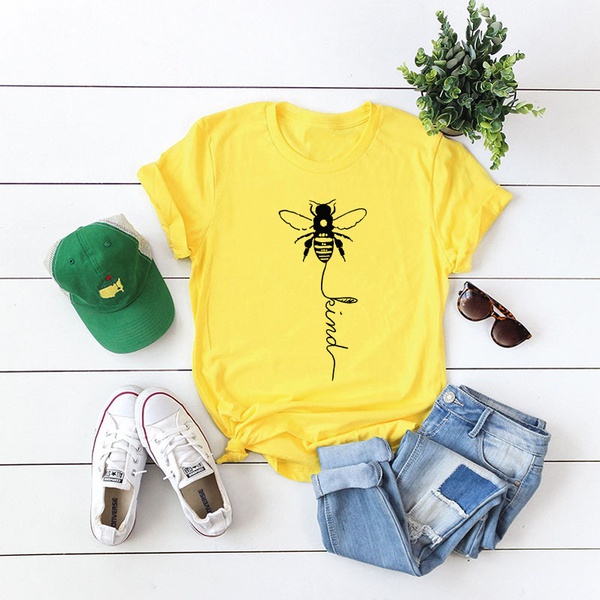 Round collar Bee Animal Litooffset print Short Sleeve casual T-shirt