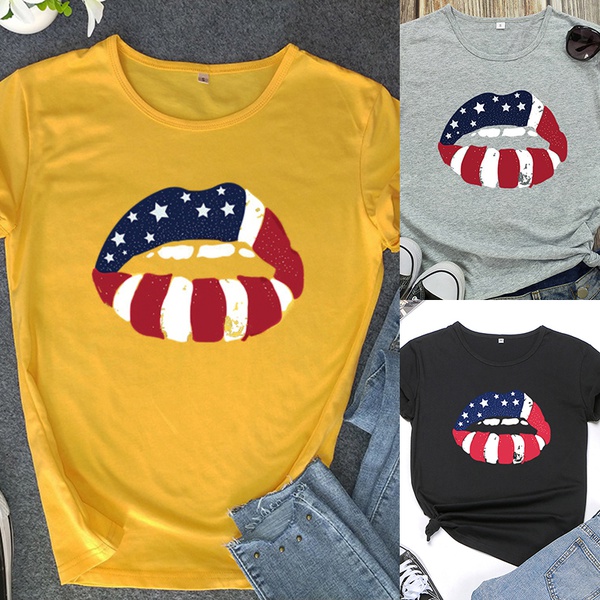 Casual Short-sleeve Round Neck American Flag Printed Tee