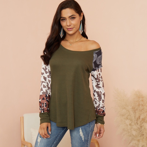 Round collar Color Block Army green Plain long sleeve casual T-shirt