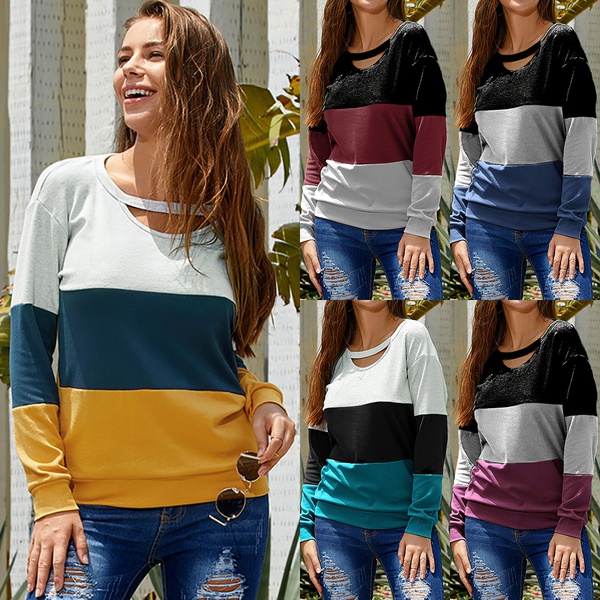 Stylish Color Contrast Hollow-out Long-sleeve Top