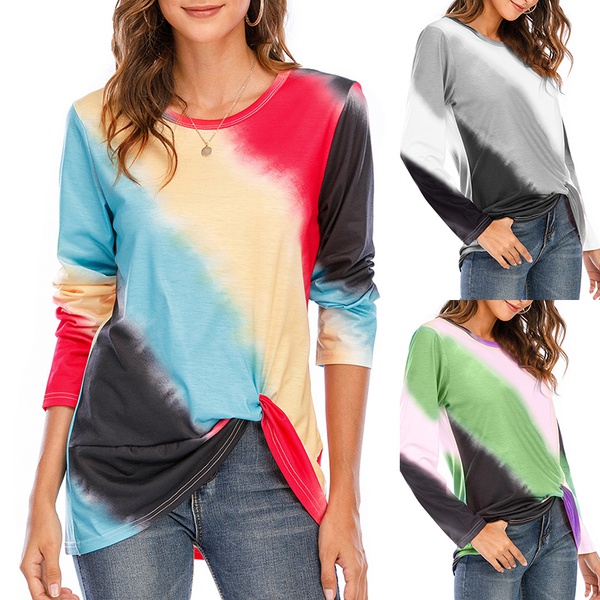 Round collar Tie dye Positioning print long sleeve casual T-shirt