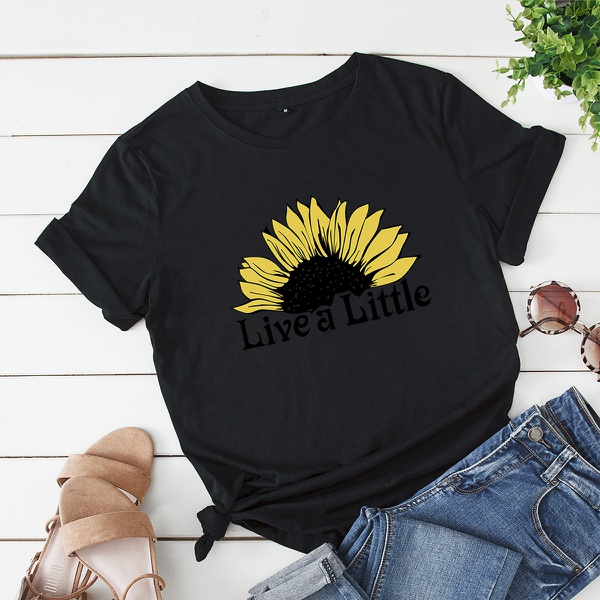 Casual Letter Sunflower Printed Short-sleeve Loose Tee